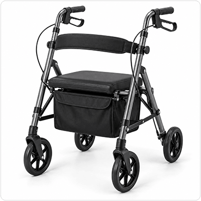 Rollator walker with wheels and seat